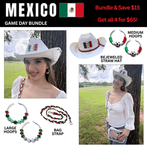 Mexico Game Day Outfit Bundle – Earrings + Rhinestone Hat + Bag Strap | 4-Piece Set 🌎 Cup