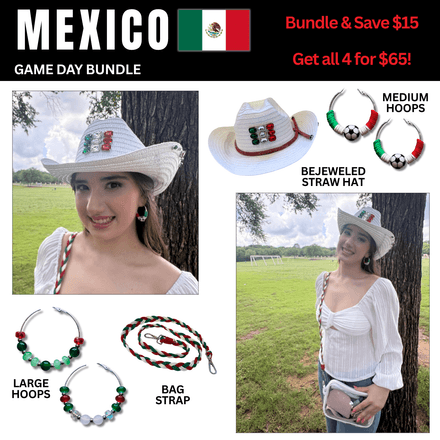 Mexico Game Day Outfit Bundle – Earrings + Rhinestone Hat + Bag Strap | 4-Piece Set 🌎 Cup