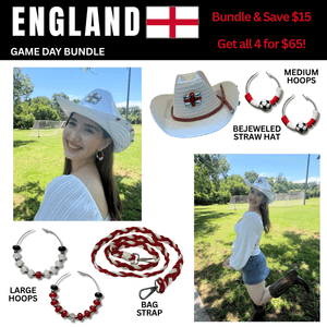 England Game Day Outfit Bundle – Earrings + Rhinestone Hat + Bag Strap | 4-Piece Set 🌎 Cup