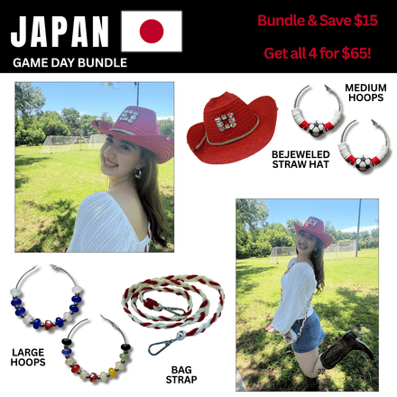 Japan Game Day Outfit Bundle – Earrings + Rhinestone Hat + Bag Strap | 4-Piece Set 🌎 Cup