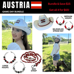 Austria Game Day Outfit Bundle – Earrings + Rhinestone Hat + Bag Strap | 4-Piece Set 🌎Cup