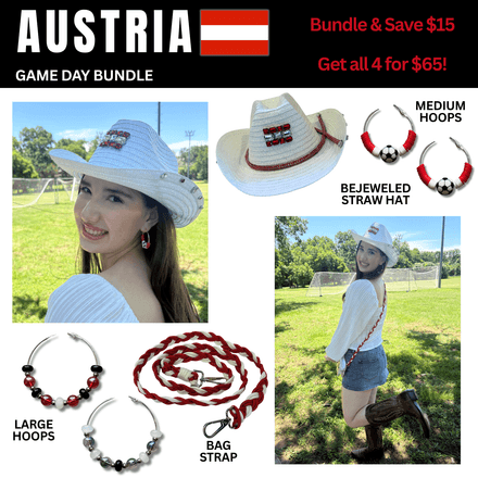 Austria Game Day Outfit Bundle – Earrings + Rhinestone Hat + Bag Strap | 4-Piece Set 🌎Cup