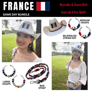 France Game Day Outfit Bundle – Earrings + Rhinestone Hat + Bag Strap | 4-Piece Set 🌎 Cup