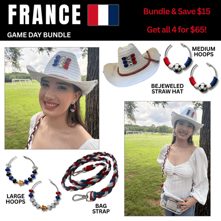 France Game Day Outfit Bundle – Earrings + Rhinestone Hat + Bag Strap | 4-Piece Set 🌎 Cup