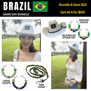 Brazil Game Day Outfit Bundle – Earrings + Rhinestone Hat + Bag Strap | 4-Piece Set 🌎 Cup