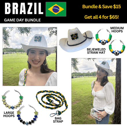 Brazil Game Day Outfit Bundle – Earrings + Rhinestone Hat + Bag Strap | 4-Piece Set 🌎 Cup