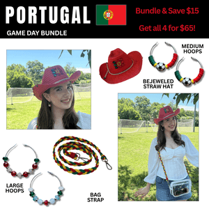 Portugal Game Day Outfit Bundle – Earrings + Rhinestone Hat + Bag Strap | 4-Piece Set 🌎 Cup