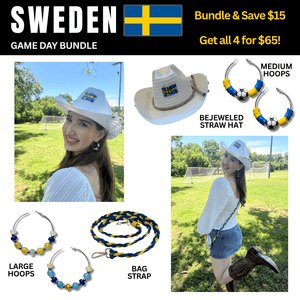 Sweden Game Day Outfit Bundle – Earrings + Rhinestone Hat + Bag Strap | 4-Piece Set 🌎Cup