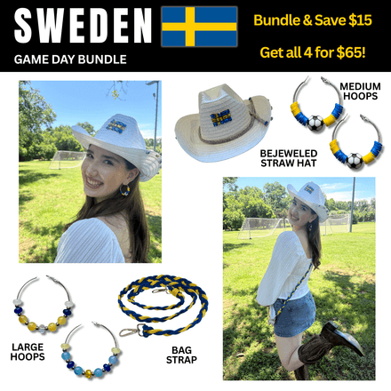 Sweden Game Day Outfit Bundle – Earrings + Rhinestone Hat + Bag Strap | 4-Piece Set 🌎Cup