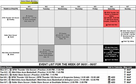 Weekly Sports Schedule System - Share easily with Family &amp; Friends | Calendar Links + Map Links