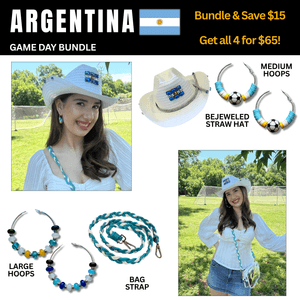 Argentina Game Day Outfit Bundle – Earrings + Rhinestone Hat + Bag Strap | 4-Piece Set 🌎 Cup
