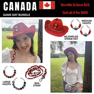 Canada Game Day Outfit Bundle – Earrings + Rhinestone Hat + Bag Strap | 4-Piece Set 🌎 Cup
