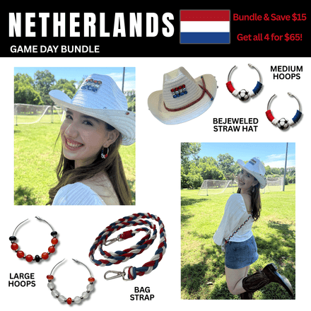 Netherlands Game Day Outfit Bundle – Earrings + Rhinestone Hat + Bag Strap | 4-Piece 🌎 Cup Set