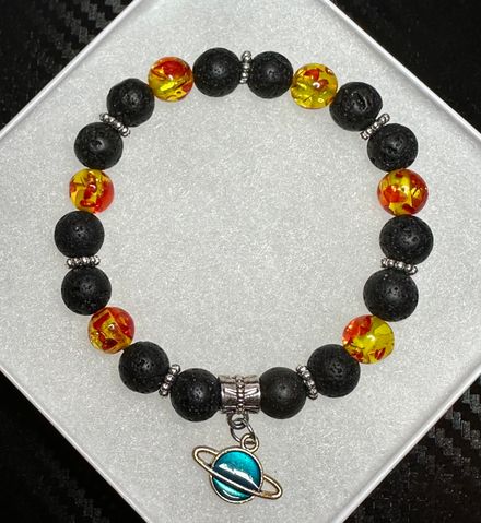 Handmade Lava Rock With Tigers Eye Glass Bead Bracelet With Blue Planet Pendant