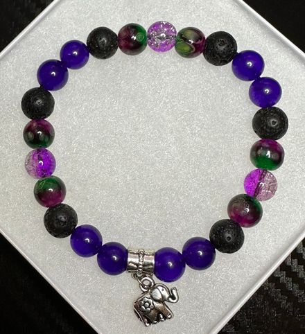 Handmade Lava Rock &amp; Purple Glass Bead Bracelet With Elephant Pendant 