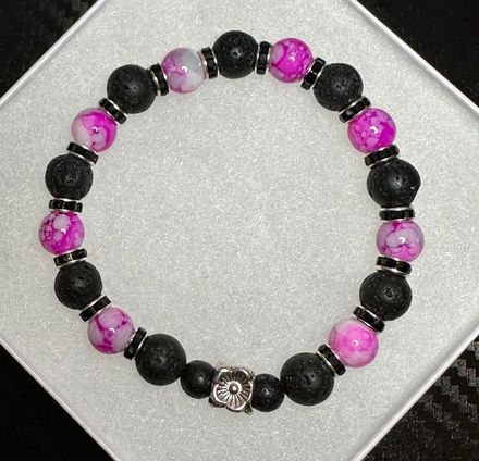 Handmade Lava Rock Pink Painted Glass Bead Bracelet With Flower