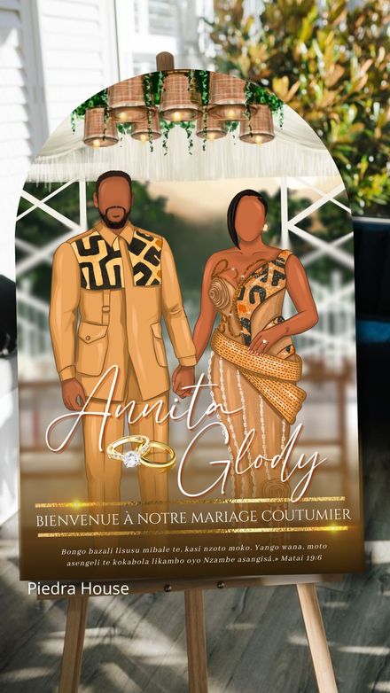 Dessin personalisé de couple sans trait de visage sur mesure avec panneau arche Rafia