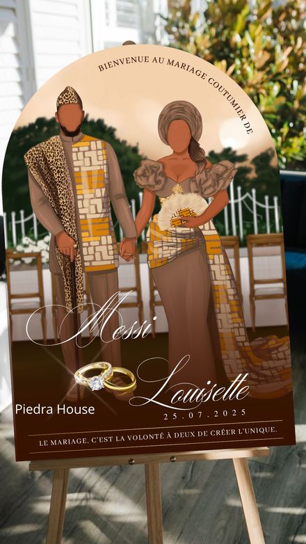 Dessin personalisé de couple sans trait de visage sur mesure avec panneau arche Rafia