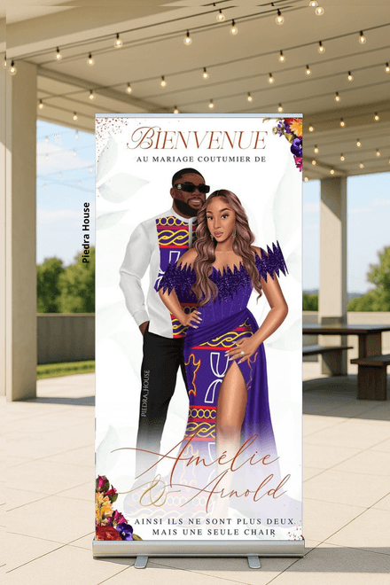 Dessin personalisé de couple sur mesure avec banniere