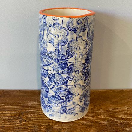 Blue flower lace with orange trim short vase 