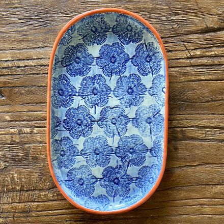 Small oval plate - blue flower lace with orange trim