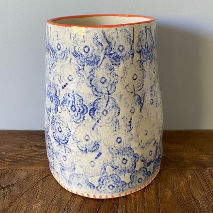 Blue flower lace orange trim A - line vase