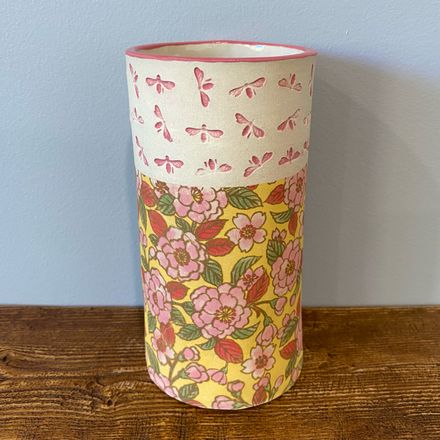 Yellow floral and wasps short vase