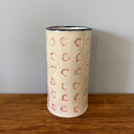 Love heart stamp short cylindrical vase with cobalt blue trim
