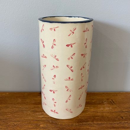 Pink wasp stamp short cylindrical vase with cobalt blue trim