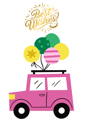 Best Wishes Card: Pink Car with Festive Balloons