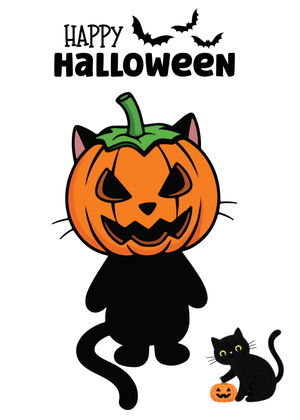 Halloween Canva Greeting Card: Halloween Cat with Pumpkin Head