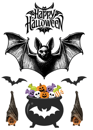 Halloween Canva Greeting Card: Halloween Bats and Cauldron