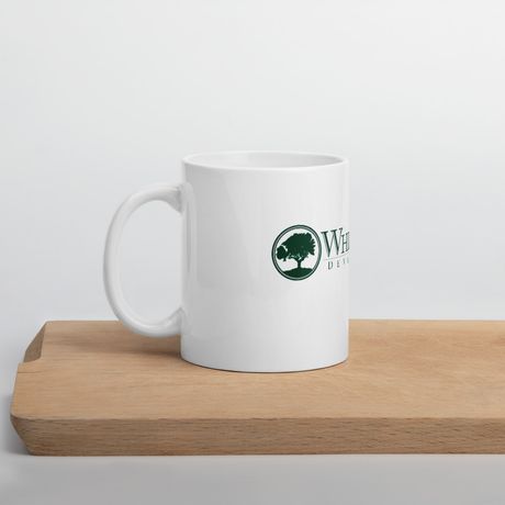 White Glossy Mug with 'White Oak Development' Logo