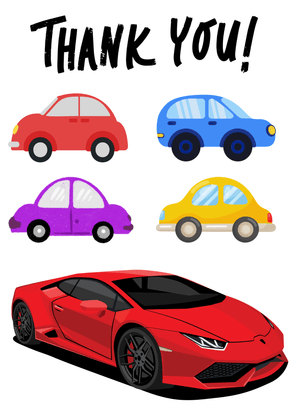Thank You Card: Colorful Cartoons and Sports Car