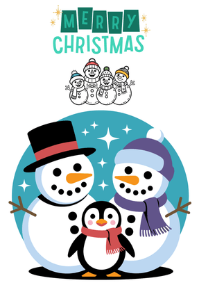 Merry Christmas Card: Snowman Family and Penguin