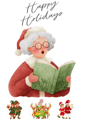 Happy Holidays Card: Mrs Claus Reading Holiday Stories