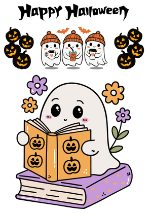 Halloween Canva Greeting Card: Cute Ghosts Celebrating Halloween
