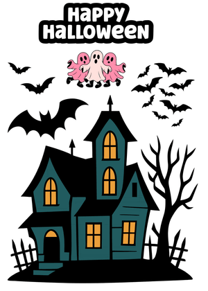 Halloween Canva Greeting Card: Spooky Haunted House and Bats