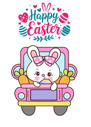 Happy Easter Card: Cute Easter Bunny in Pink Car