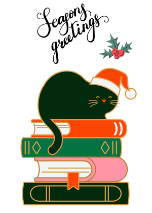 Season's Greetings Card: Festive Cat on Books