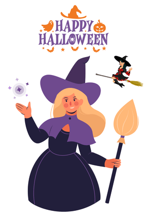 Halloween Canva Greeting Card: Halloween Witch with Broom