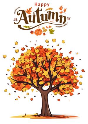 Happy Autumn Card: Colorful Autumn Tree with Falling Leaves