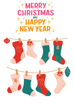 Merry Christmas &amp; Happy New Year Card: Festive Christmas Stockings Display