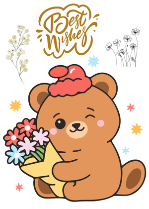Best Wishes Card: Cheerful Bear with Flowers
