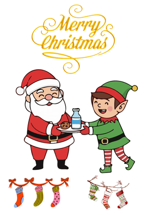 Merry Christmas Card: Santa and Elf Sharing Milk and Cookies