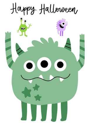 Halloween Canva Greeting Card: Playful Monsters Celebrating Halloween