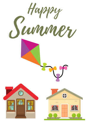 Happy Summer Card: Colorful Kite and Summer Houses