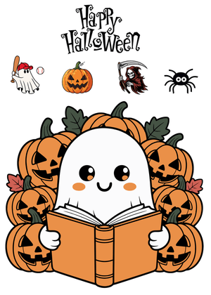 Halloween Canva Greeting Card: Cute Ghost Surrounded by Pumpkins