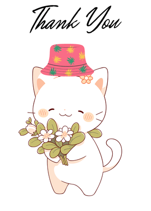 Thank You Card: Cute Cat with Flowers