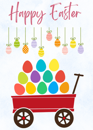 Happy Easter Card: Colorful Easter Eggs in Wagon
